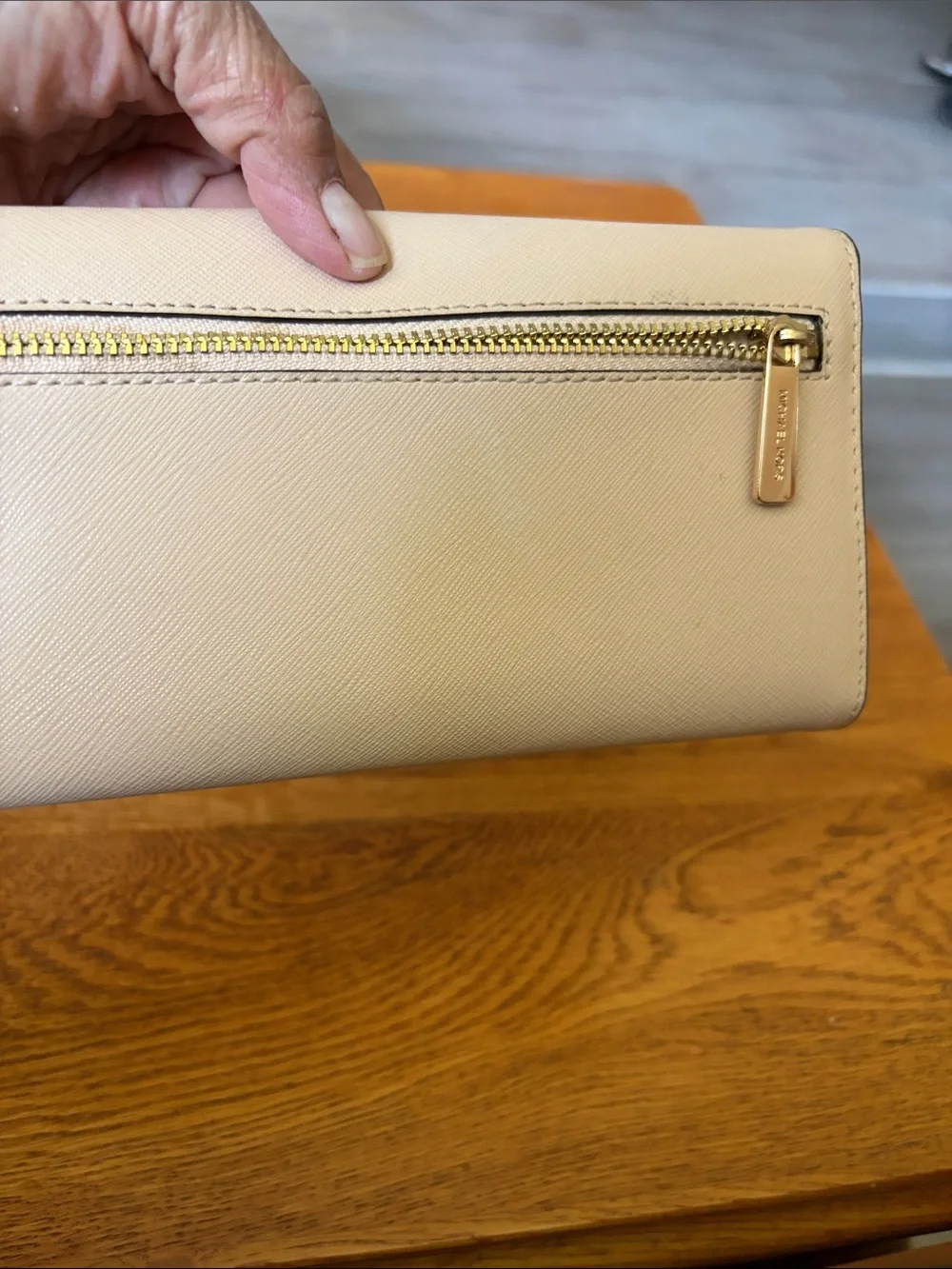 Michael Kors Light Cream Saffiano Leather Continental Wallet with Gold Logo